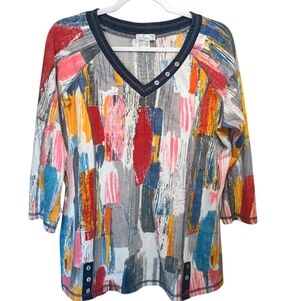 Parsley & Sage Button Tunic Top Size Large Artsy Travel Boho Colorful Abstract